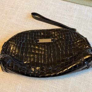 Cole Haan Glossy Black Croc-Pattern Wristlet